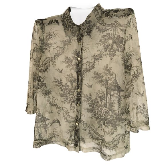 Tops - Sheer Olive Japanese pattern, 3/4 length sleeve button down blouse, lightweight